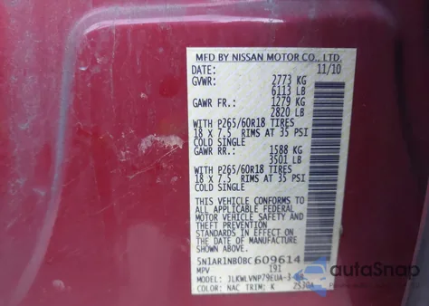 2011 Nissan Pathfinder Le из США, поврежденный, VIN 5N1AR1NB0BC609614